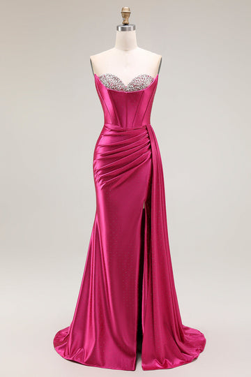 Sparkly Fuchsia Mermaid Sweetheart Beaded Pleated Long Prom Dress with Slit
